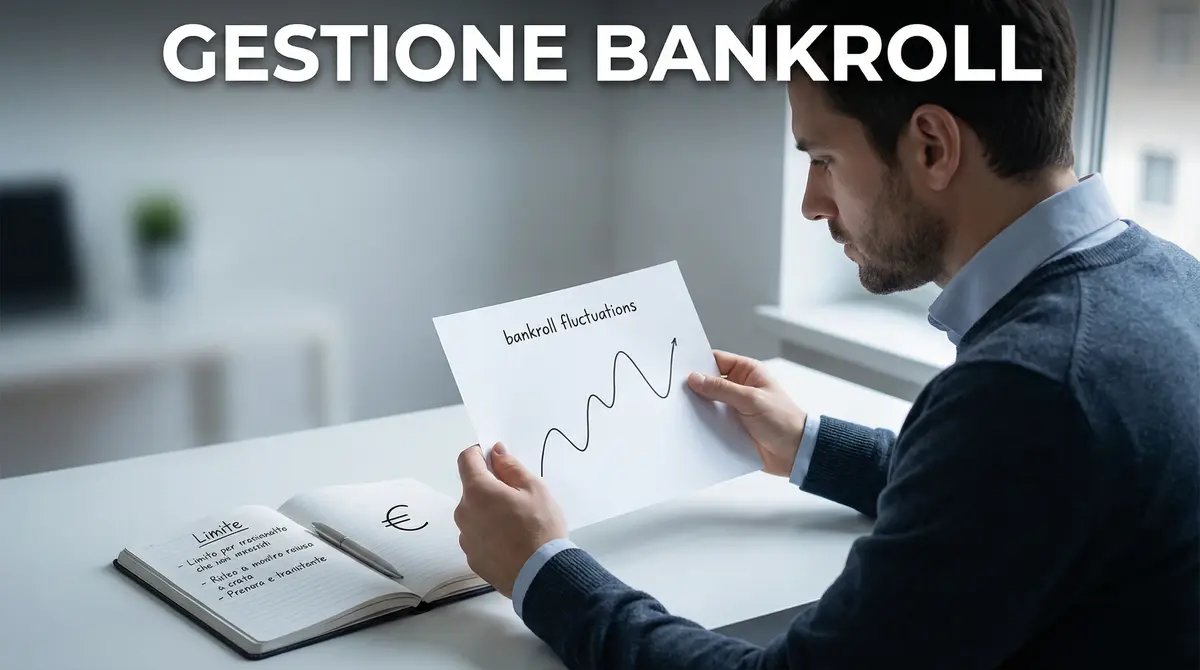 Persona pianifica la gestione del bankroll con un grafico di andamento su carta e appunti scritti a mano