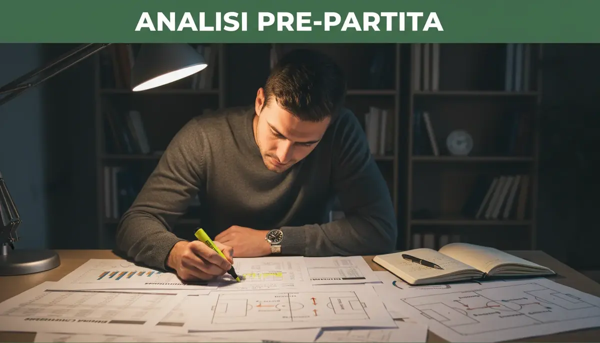 Appassionato di calcio analizza dati statistici pre-partita su fogli con grafici e appunti a mano