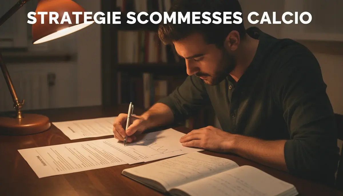 Uomo studia le strategie di scommessa sul calcio con documenti e appunti sul tavolo