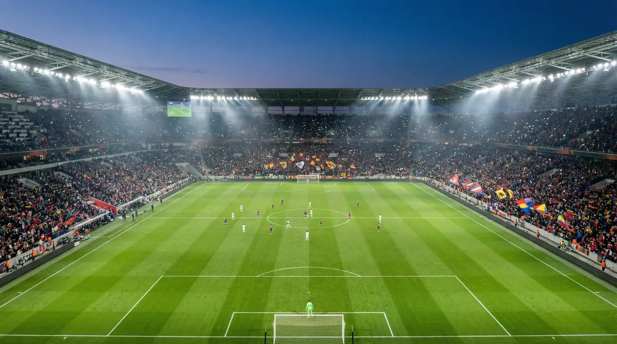 Stadio di calcio illuminato durante una partita serale con tifosi sugli spalti